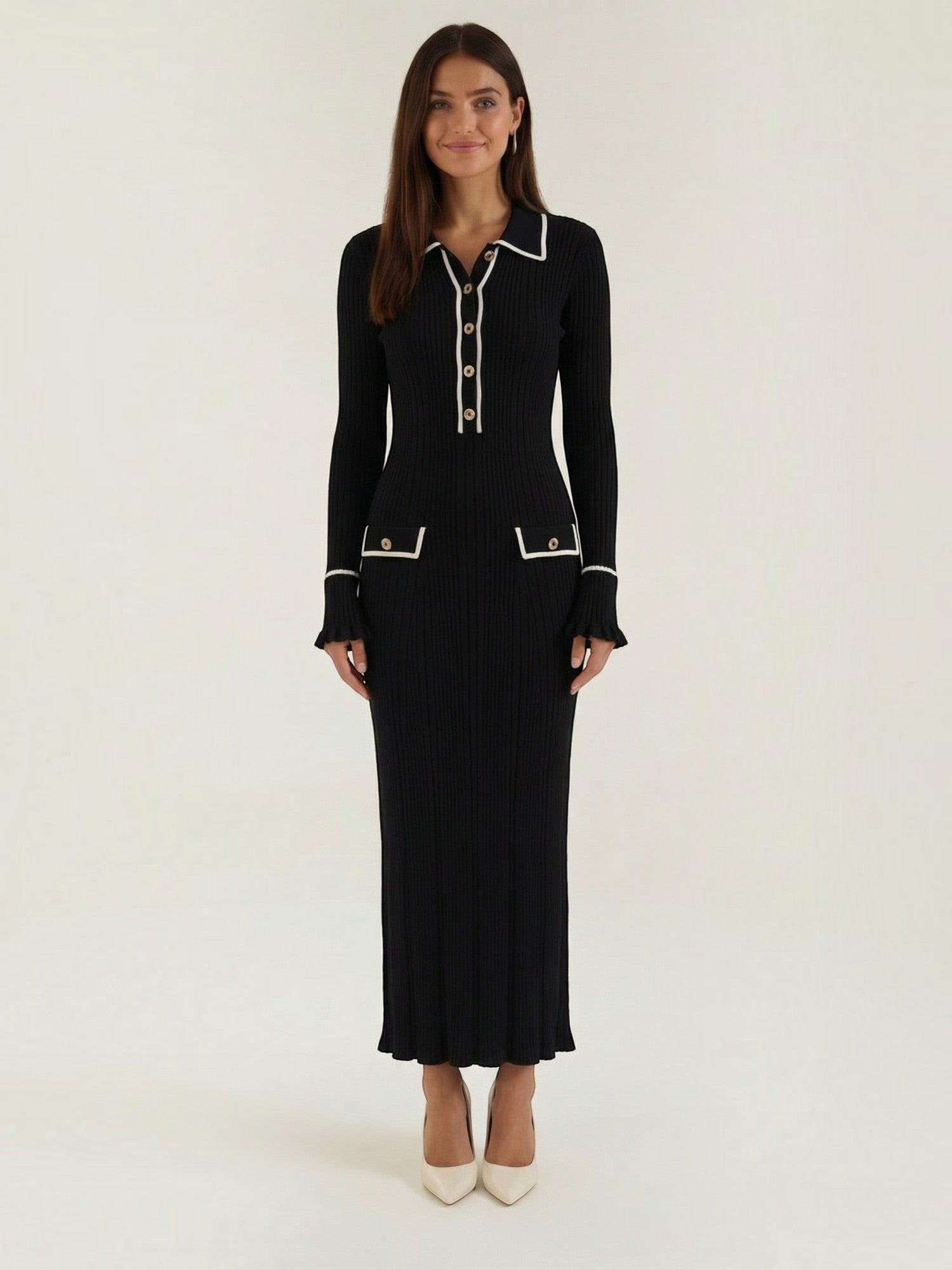 Robe femme longue côtelée col polo viscose – Image 2