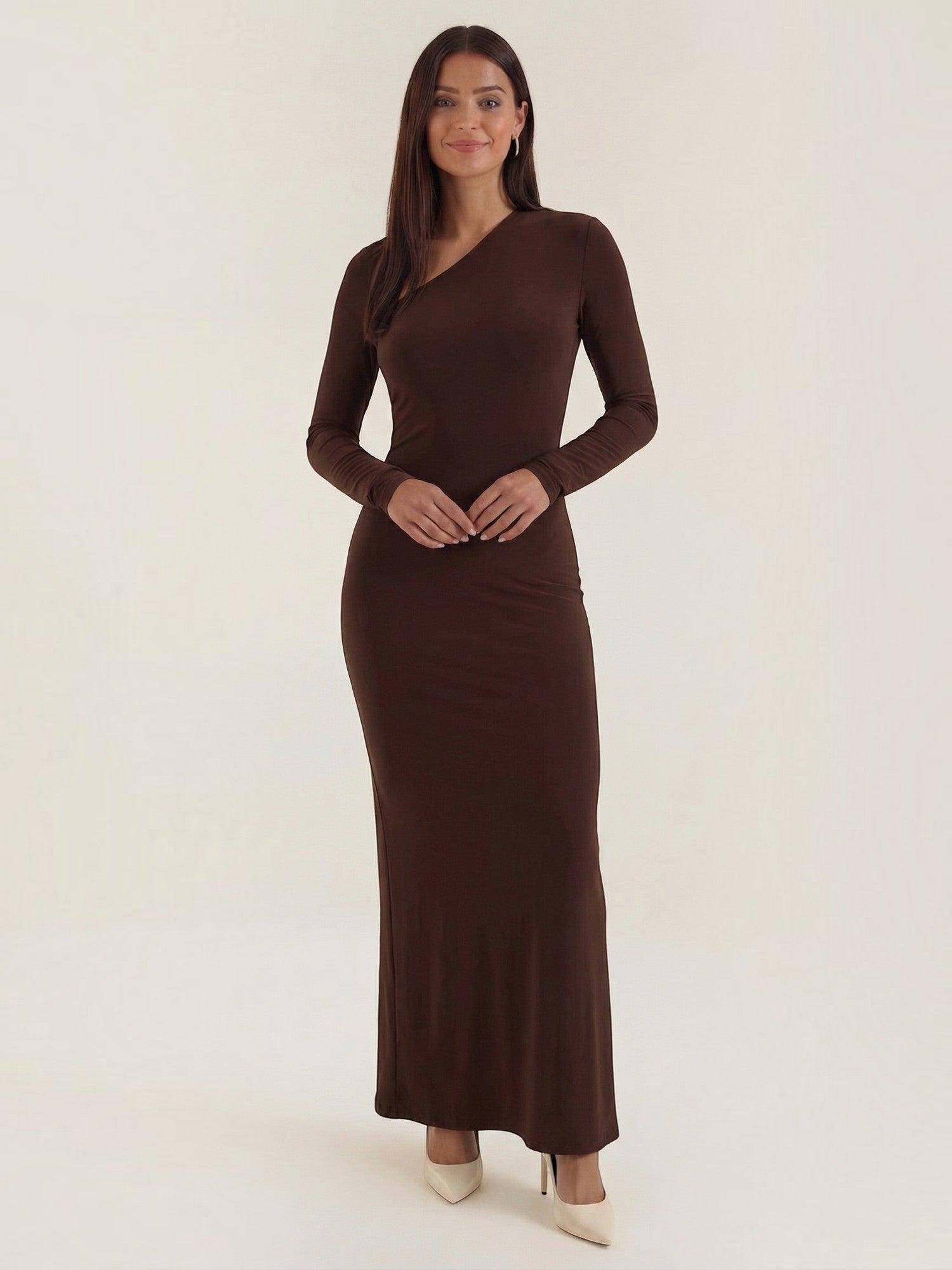 Robe femme de soirée décolleté asymétrique manches longues – Image 3