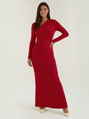 Robe femme de soirée décolleté asymétrique manches longues