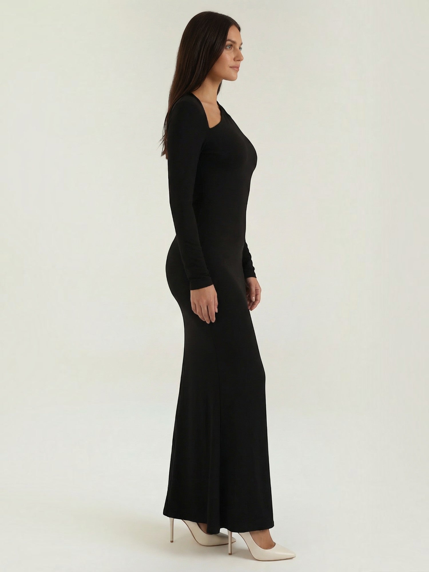 Robe femme de soirée décolleté asymétrique manches longues – Image 8