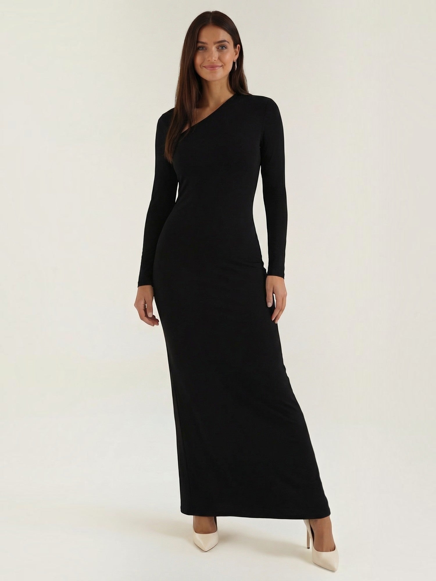 Robe femme de soirée décolleté asymétrique manches longues – Image 2
