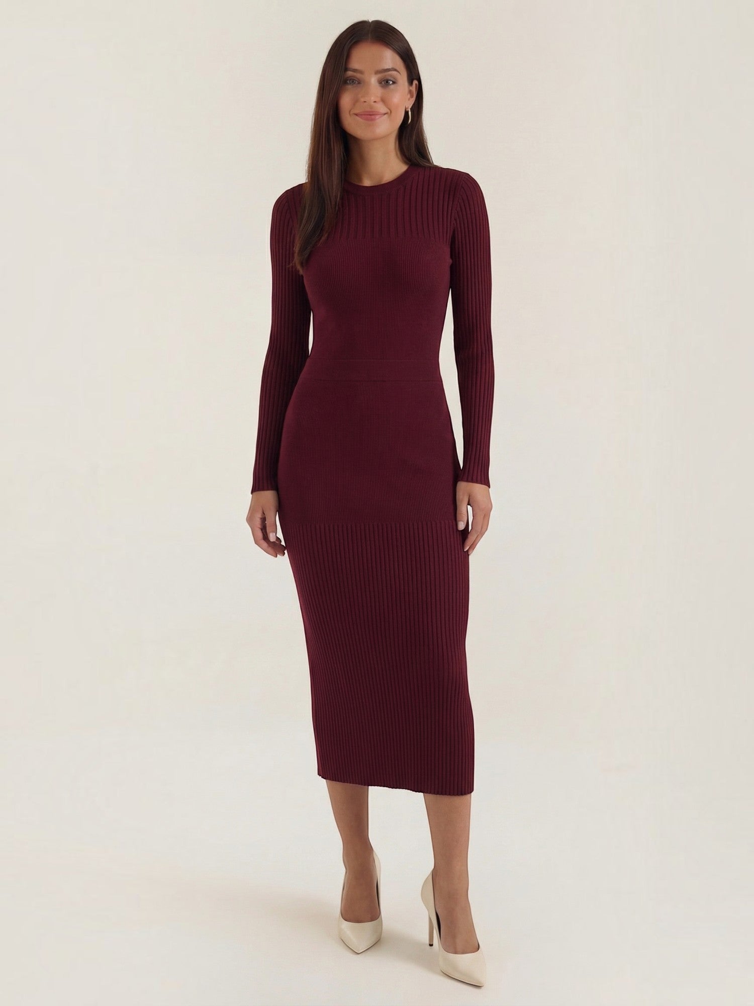 Robe femme midi côtelée ajustée automne hiver