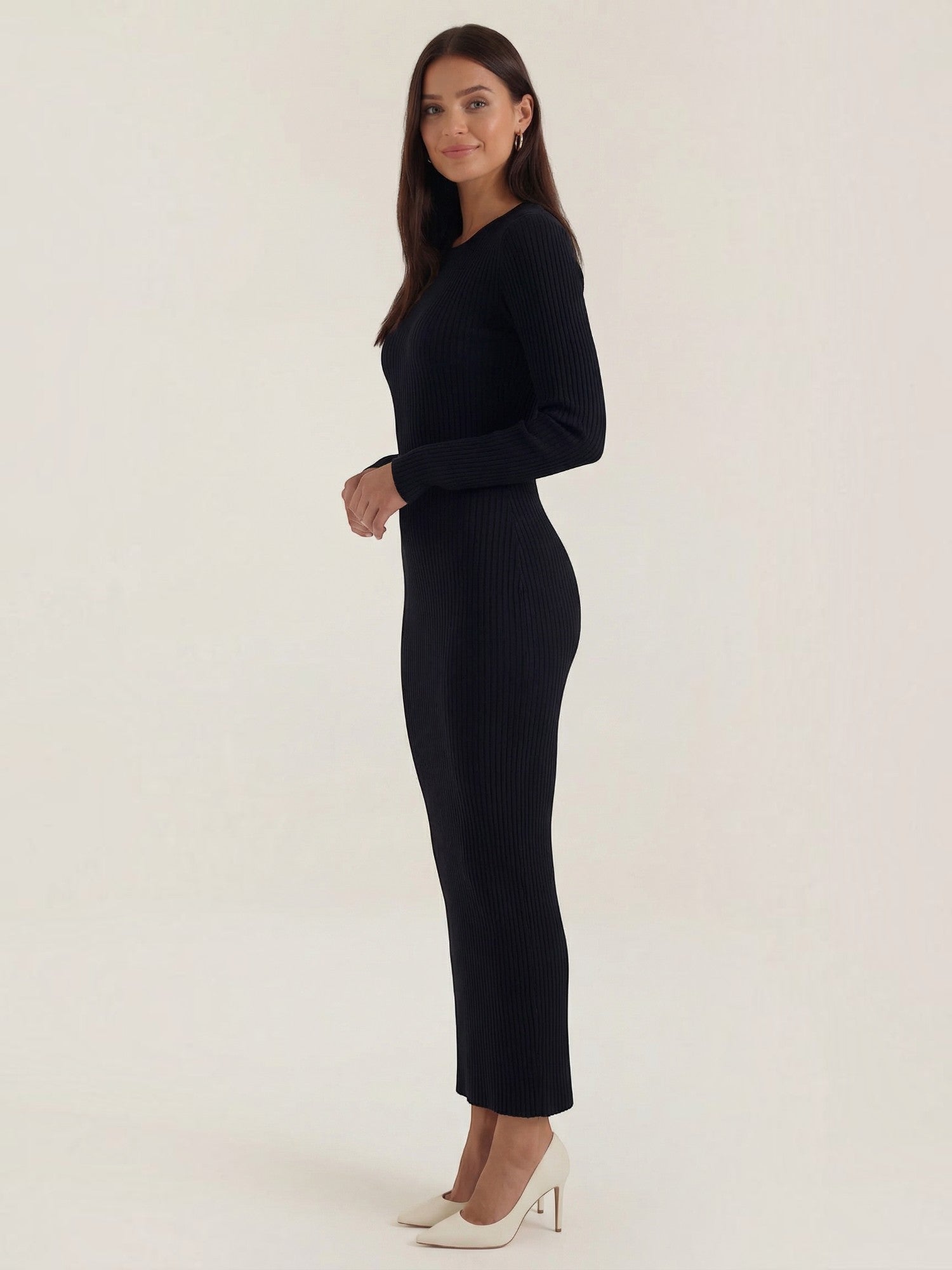 Robe femme midi côtelée ajustée automne hiver – Image 22