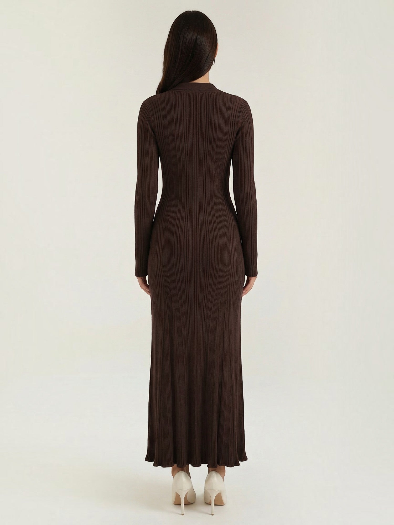 Robe femme maille côtelée col rabattu boutons dorés – Image 4