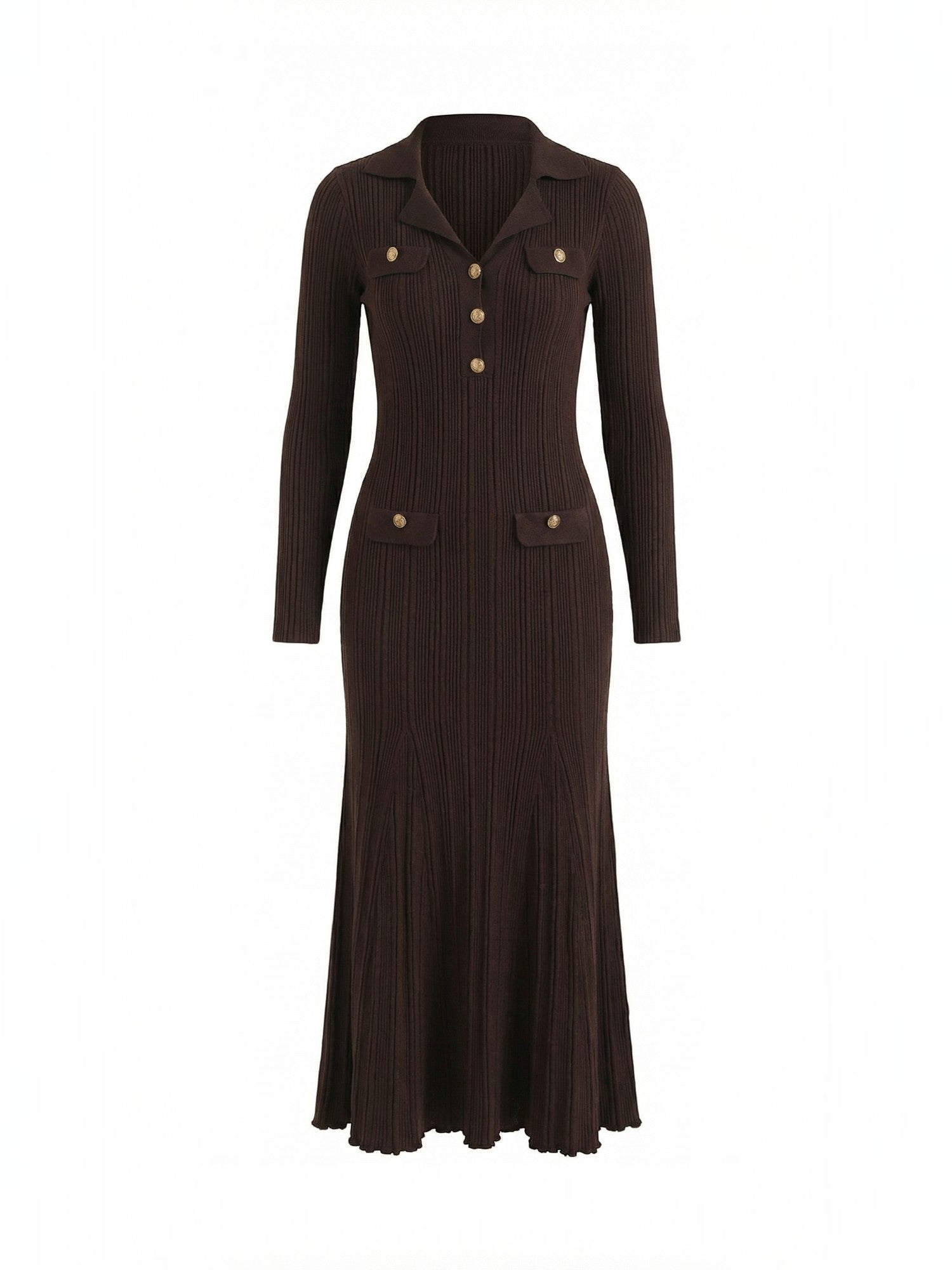 Robe femme maille côtelée col rabattu boutons dorés – Image 5