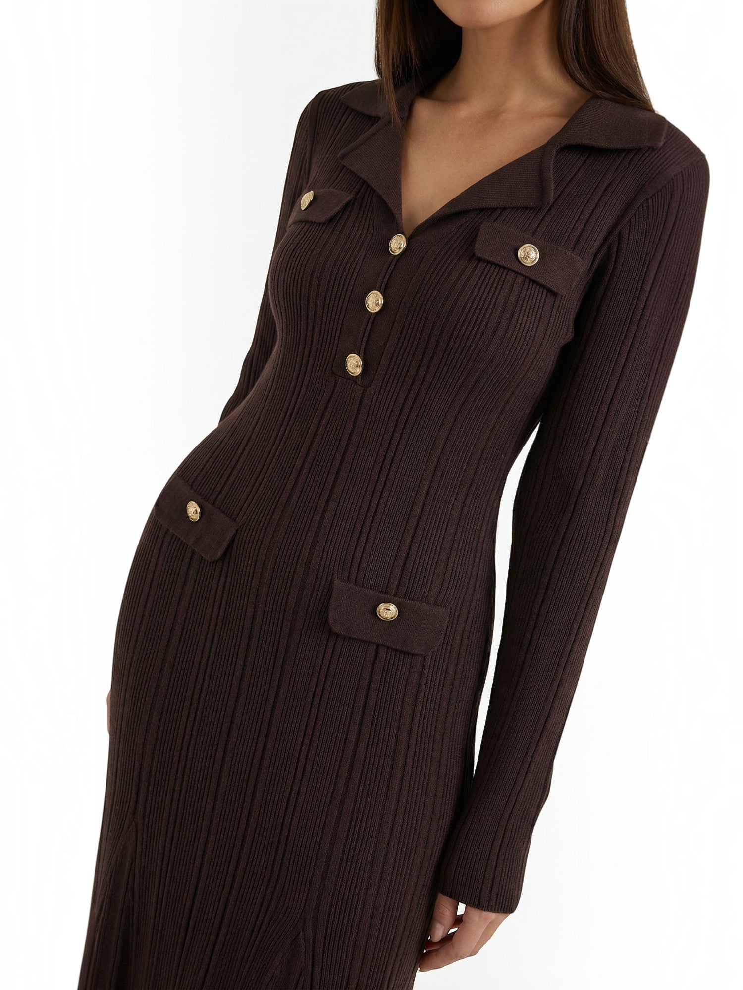 Robe femme maille côtelée col rabattu boutons dorés – Image 3