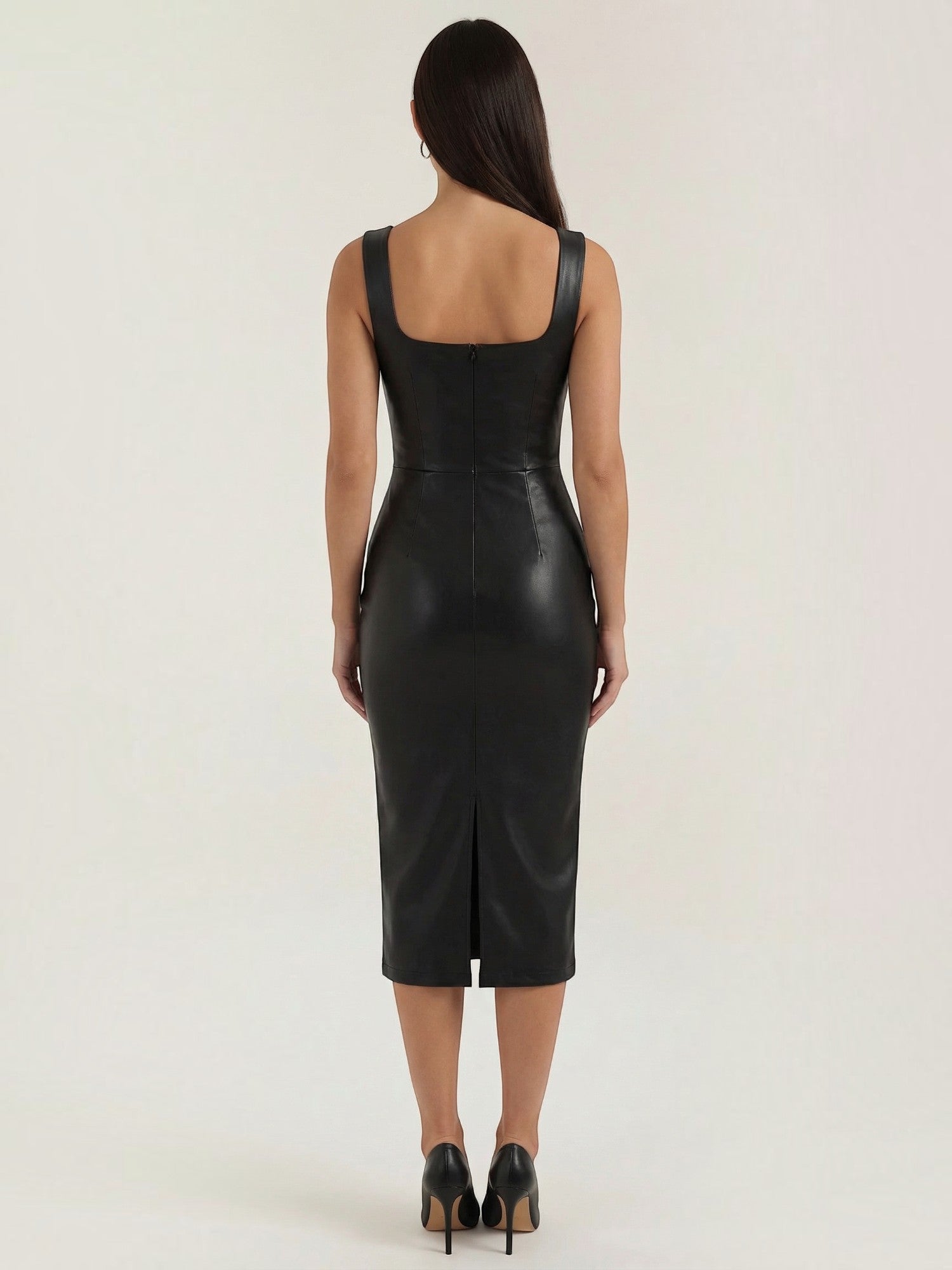 Robe femme similicuir col carré ajustée pour soirée chic – Image 5